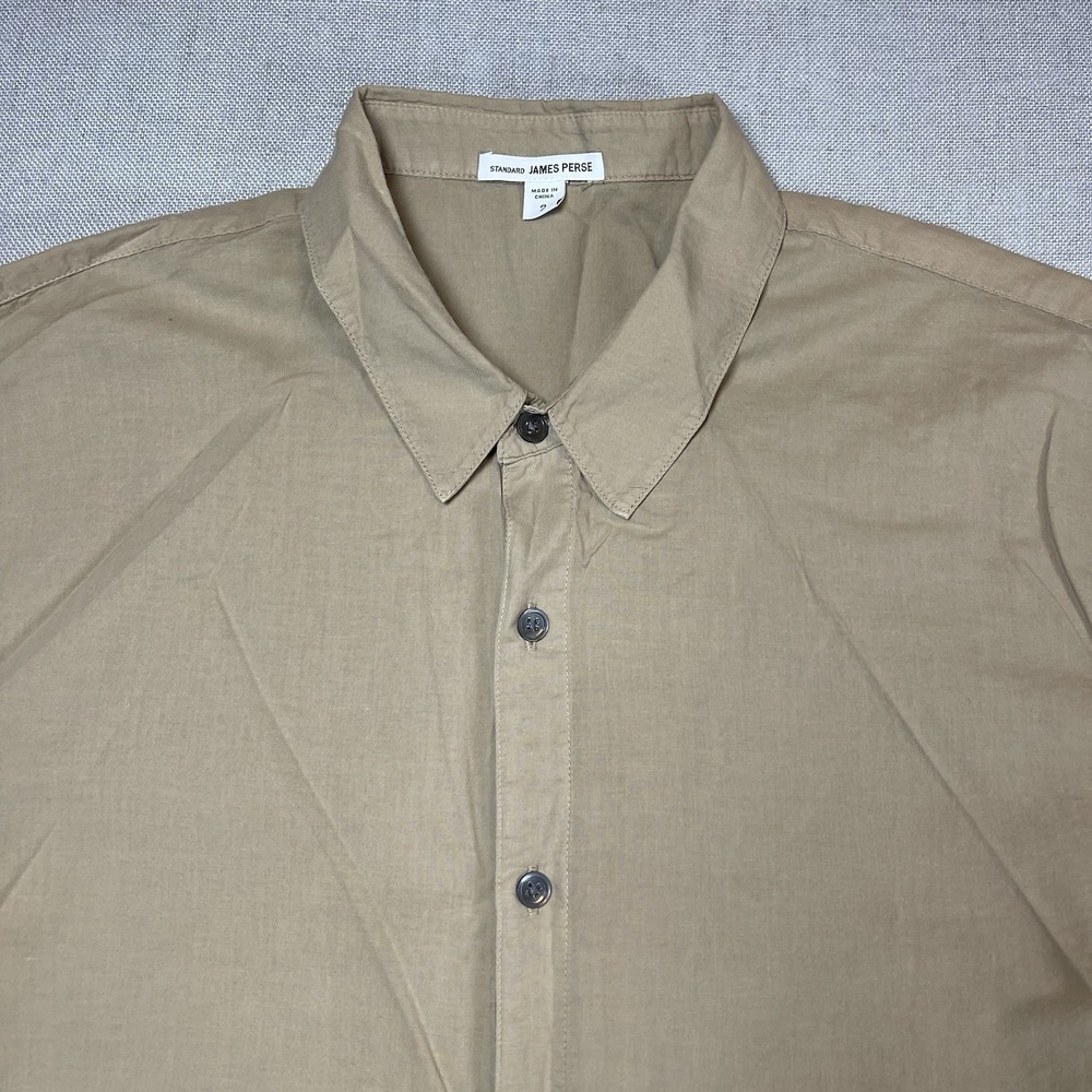 Men's James Perse The Standard Long Sleeve Button Up Dress Shirt Khaki 2 Sz M - Picture 2 of 9
